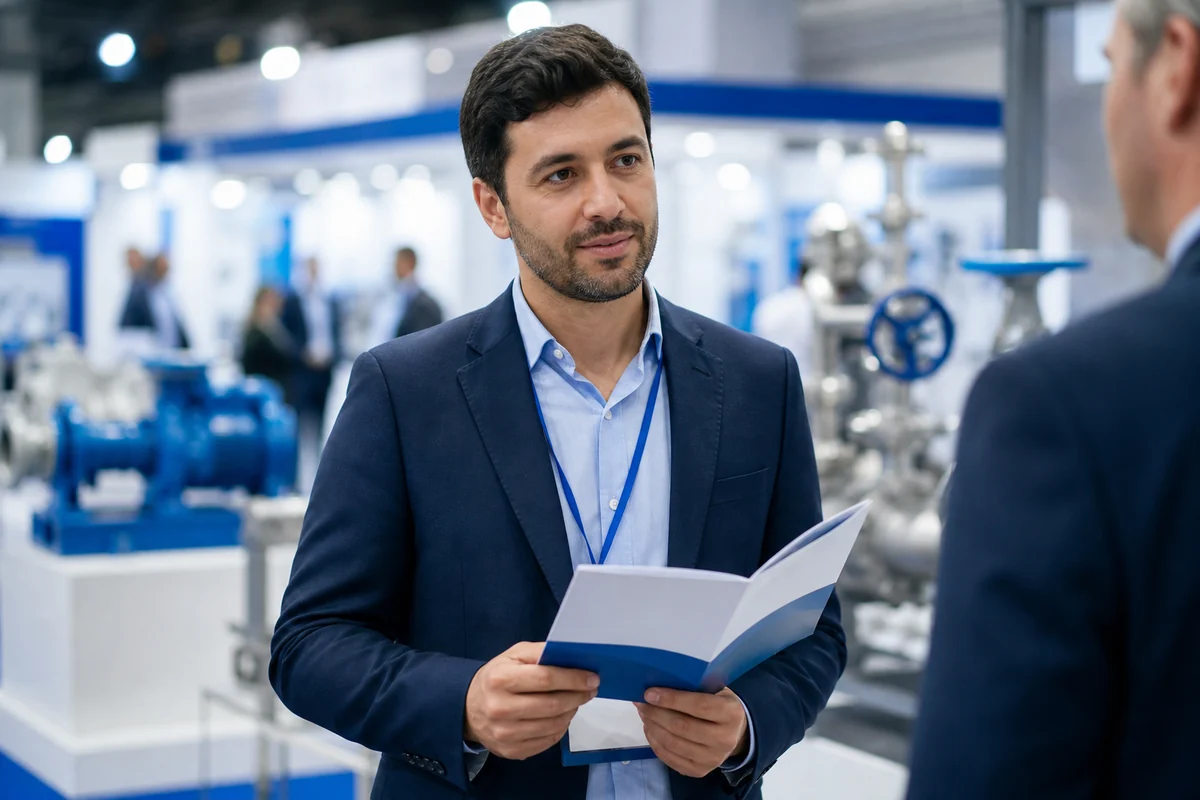 Overseas buyer discussing fluid machinery at an international trade show